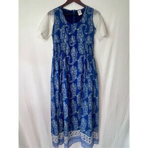 Mineral Womens sz L blue paisley short sleeve full skirt maxi dress